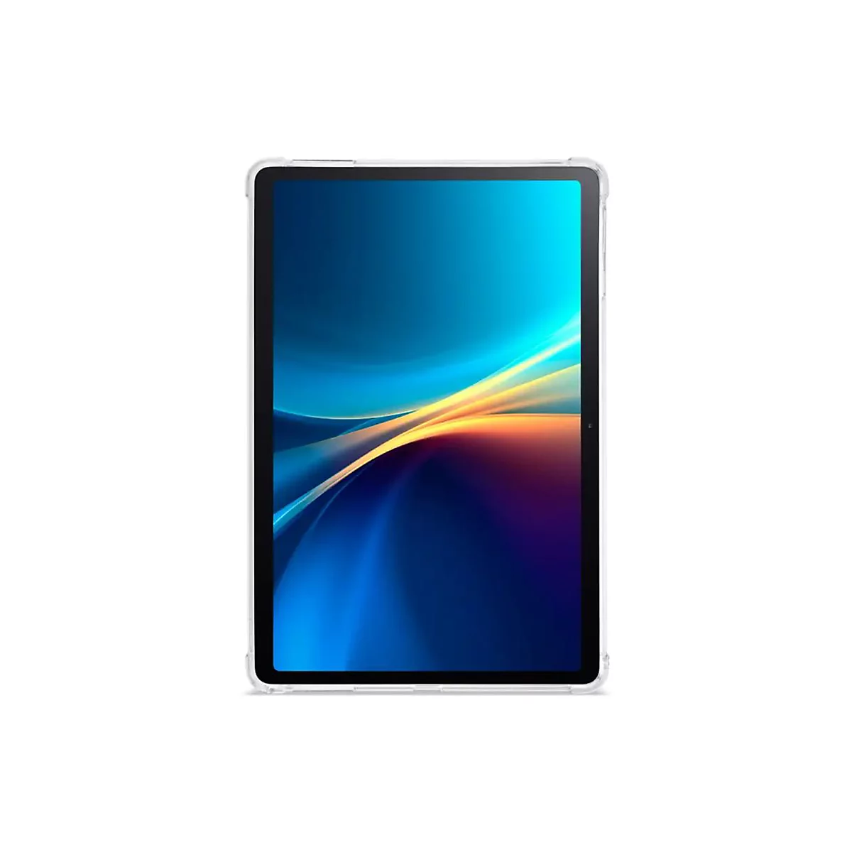 Ein Tablet mit transparentem Case, auf dem ein abstraktes Muster in Blau-, Gelb- und Orangetönen dargestellt ist.