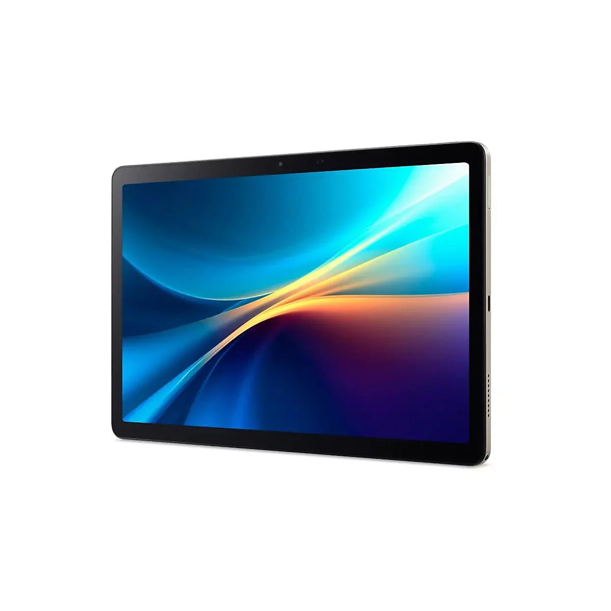 Ein Tablet-PC, aus leichtem Metall, mit schwarzem Bildschirmrand, das Display zeigt ein abstraktes Muster aus blau, gelb und violett.