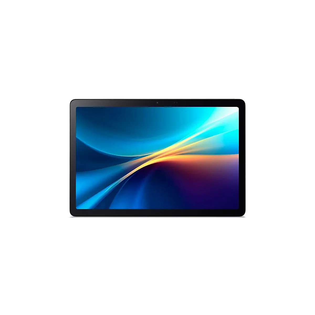 Schwarzes Tablet mit blau-gelbem Bildschirmhintergrund. Schwarzer Rand, Kamera oben.