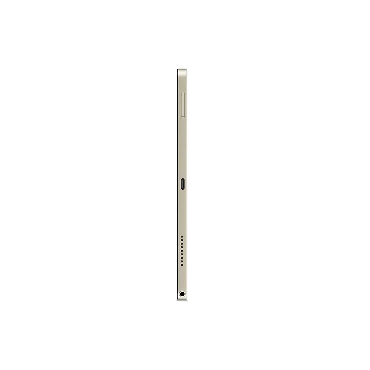 Draufsicht auf ein Tablet in Gold. Auf der Seite befinden sich Knöpfe, Anschlüsse und ein Mikrofon.