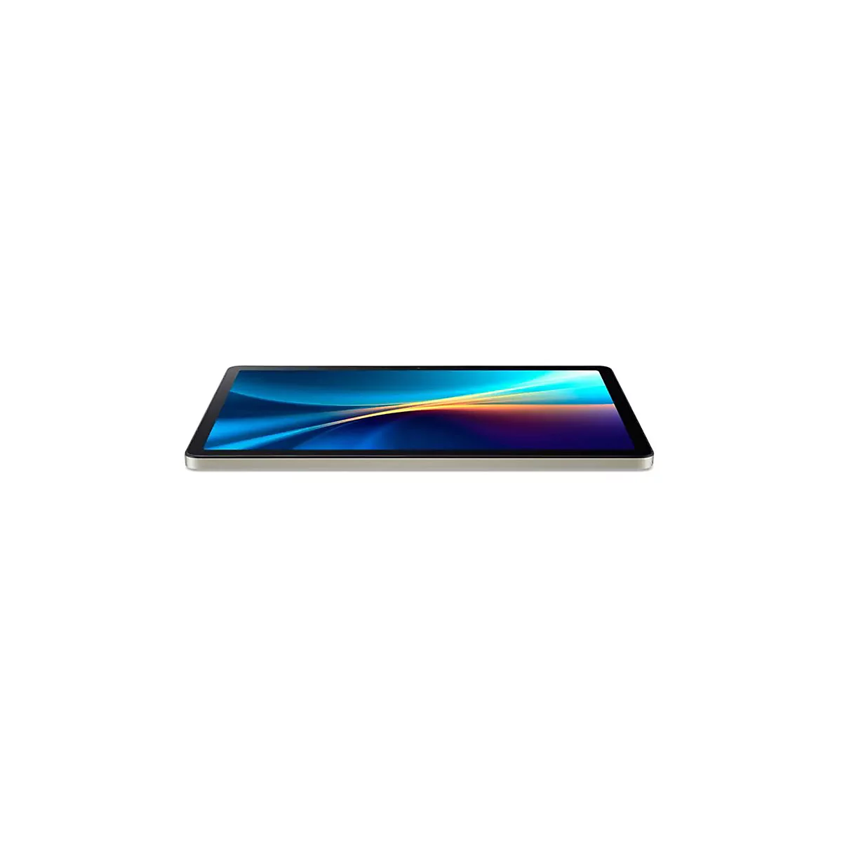 Ein Tablet liegt flach auf einer weißen Oberfläche. Auf dem Bildschirm sind blaue und gelbe Farbverläufe zu sehen.