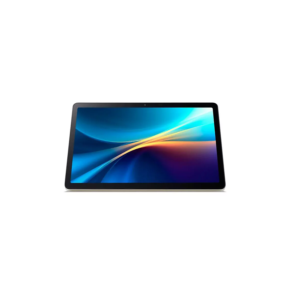 Draufsicht auf ein Tablet. Der Bildschirm zeigt blaue und goldene abstrakte Formen vor weißem Hintergrund.