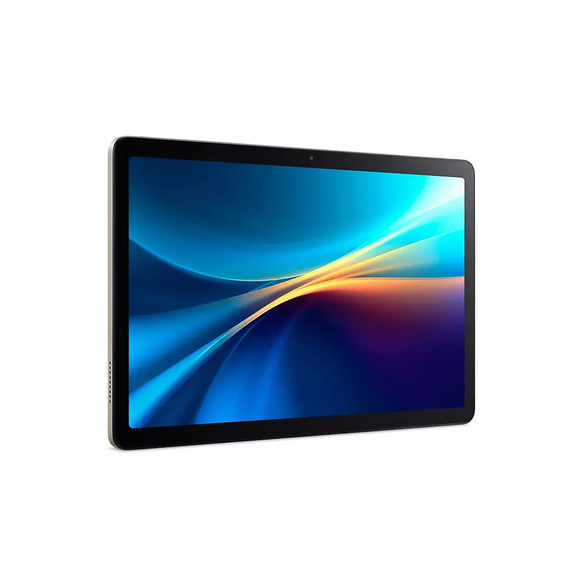 Ein Tablet mit schwarzem Rahmen und einem dynamischen Display auf weißem Hintergrund.