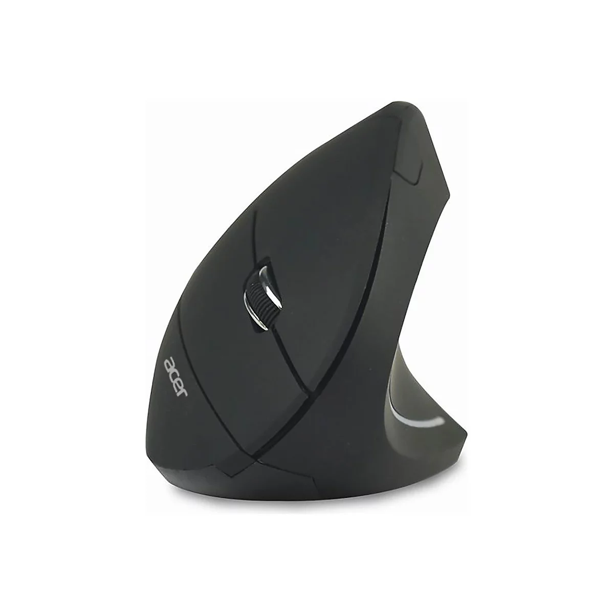 Schwarze, vertikale Acer-Ergonomie-Maus vor weißem Hintergrund.