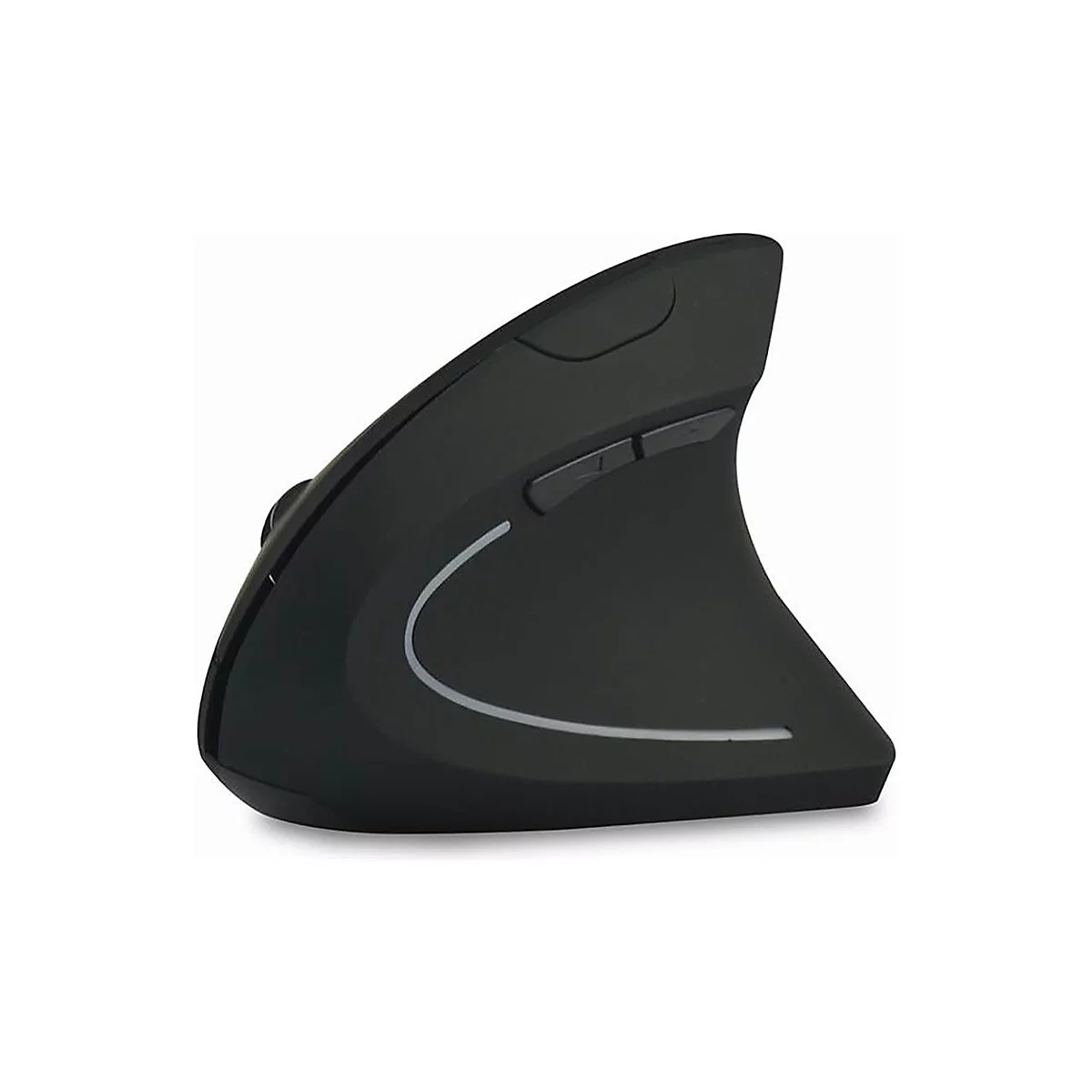 Schwarze, ergonomische Vertikal-Computermaus mit seitlichen Tasten und dezentem Lichtstreifen vor weißem Hintergrund.
