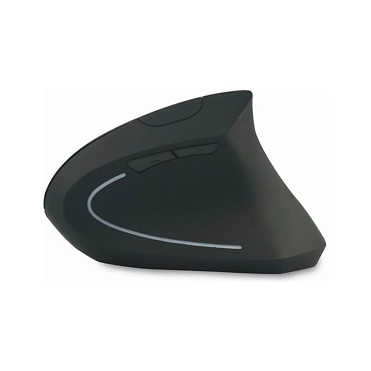 Schwarze, ergonomische Vertikalmaus auf weißem Hintergrund mit Tasten an der Seite und einer geschwungenen Lichtleiste.