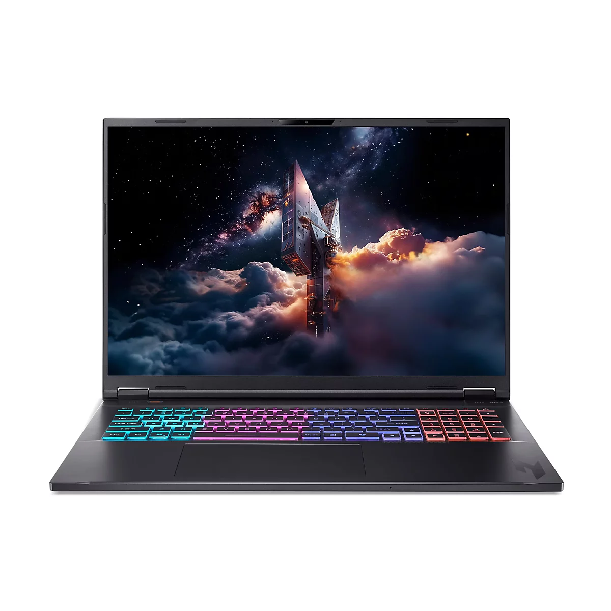 Schwarzer Laptop mit leuchtender Tastatur, auf dem ein Weltraum-Motiv angezeigt wird.