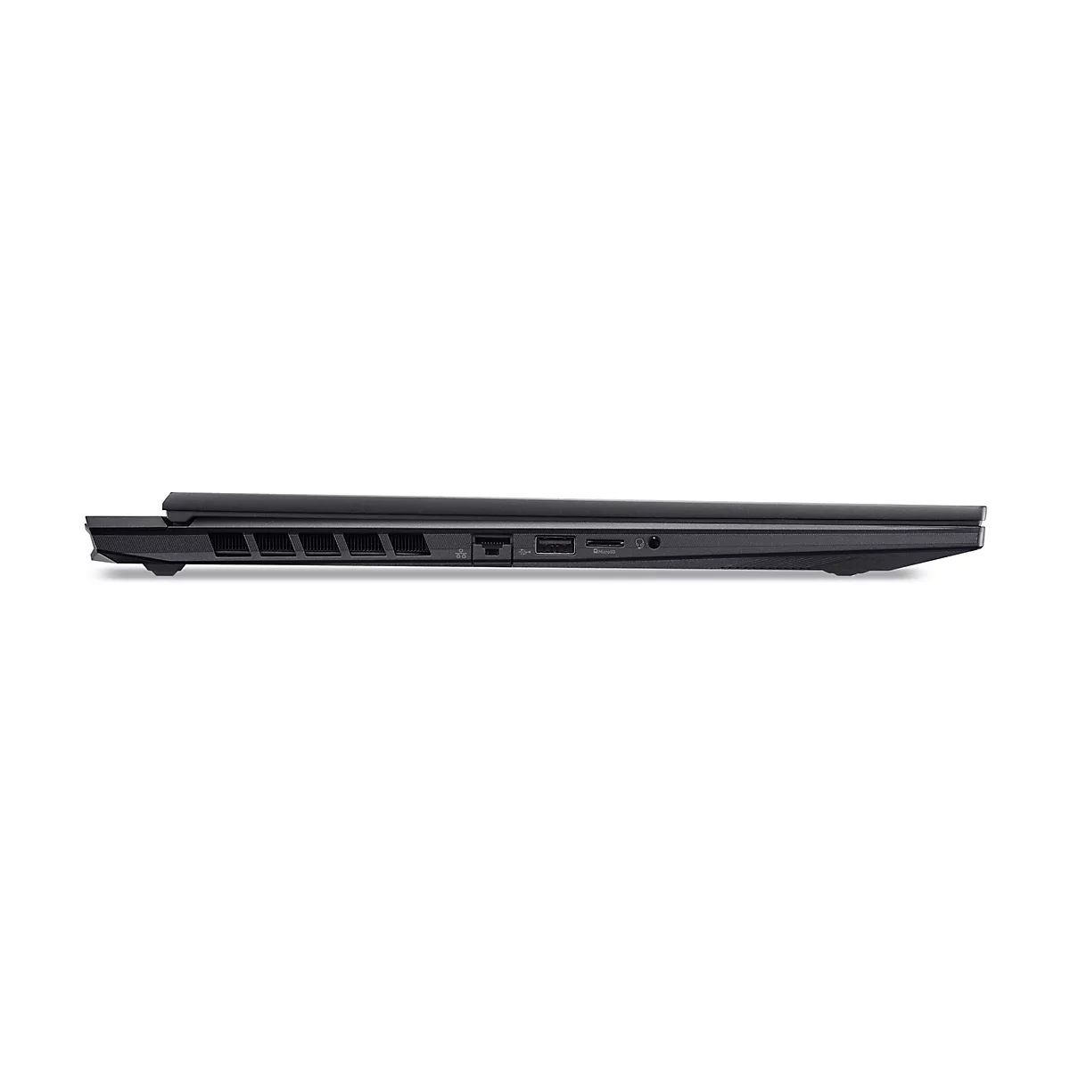 Seitenansicht eines schwarzen Laptops auf weißem Hintergrund. Deutlich sind Anschlüsse und Lüftungsschlitze zu sehen.