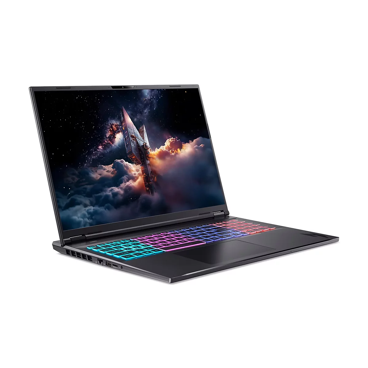 Schwarzer Laptop mit farbig beleuchteter Tastatur. Auf dem Bildschirm ist ein Weltraum-Motiv zu sehen.