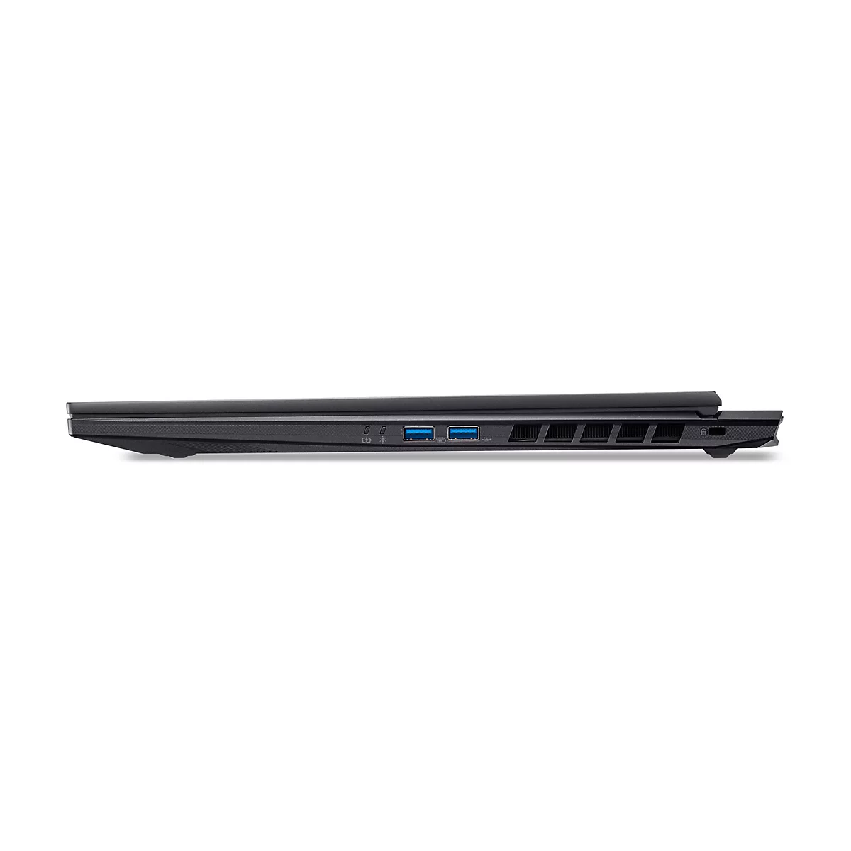 Seitenansicht eines schwarzen Laptops. Ports wie USB und Lüftungsschlitze sind sichtbar.