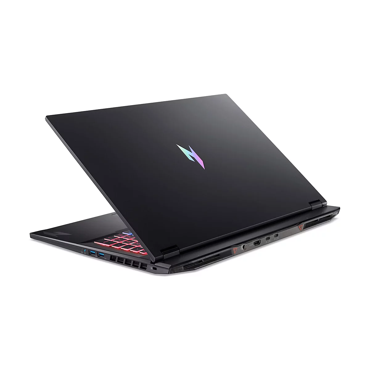 Schwarzes, geöffnetes Laptop. Auf dem Deckel ein farbiges Logo. Die Tastatur leuchtet rot.