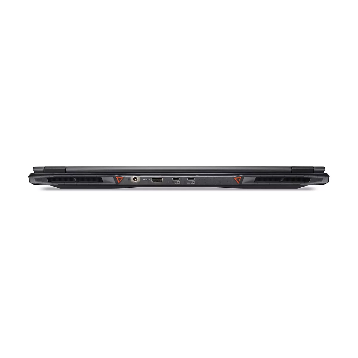 Dunkles Notebook von unten, HDMI-Anschluss und USB-Anschlüsse sichtbar.