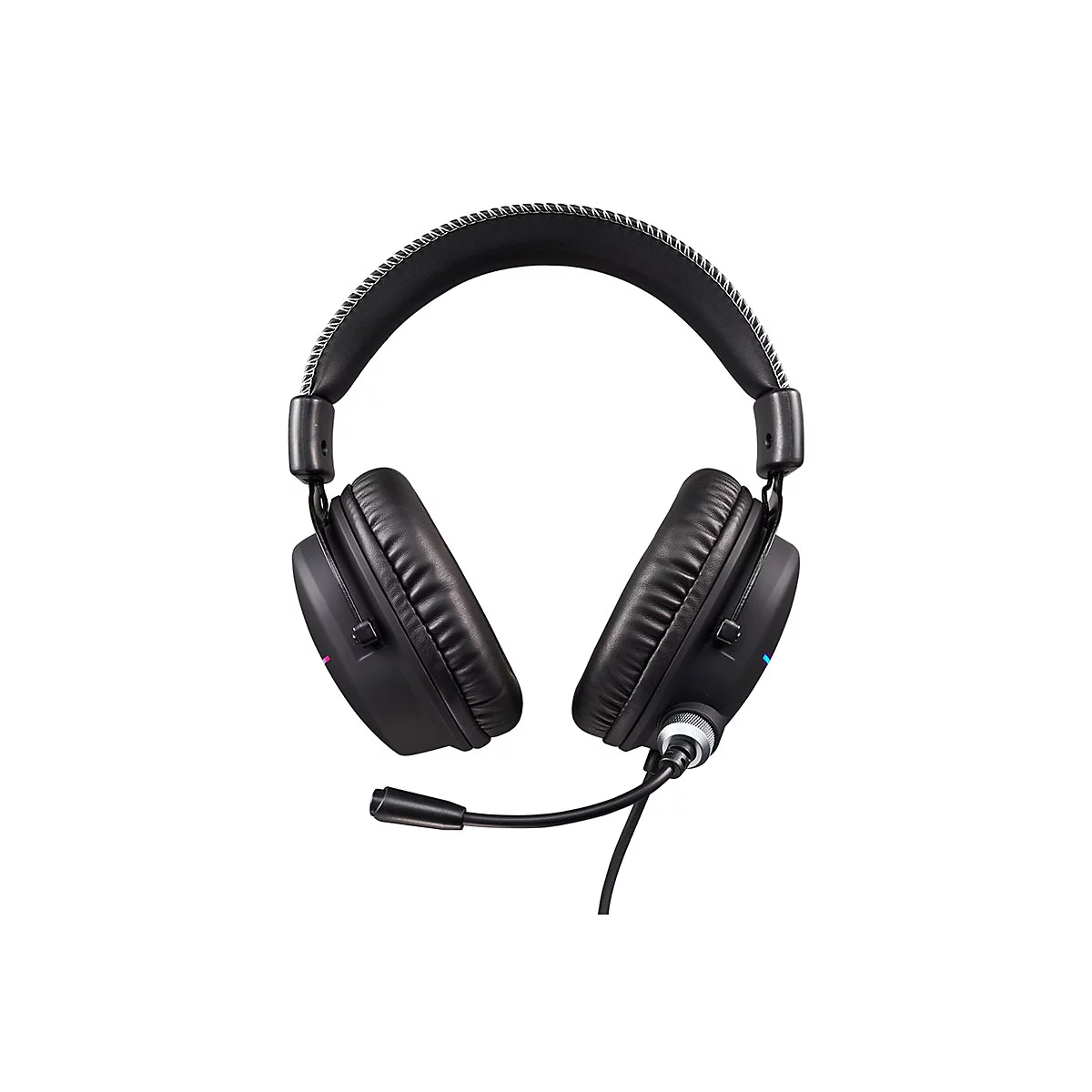 Schwarzes Gaming-Headset mit gepolstertem Bügel, weichen Ohrpolstern und einem ausklappbaren Mikrofon.