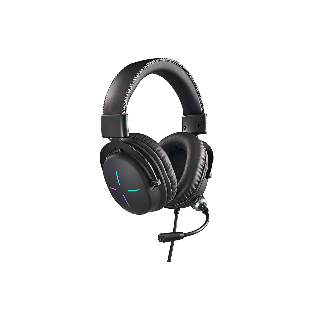 Schwarzes Gaming-Headset mit gepolstertem Bügel und beleuchteten RGB-Akzenten an der Ohrmuschel.
