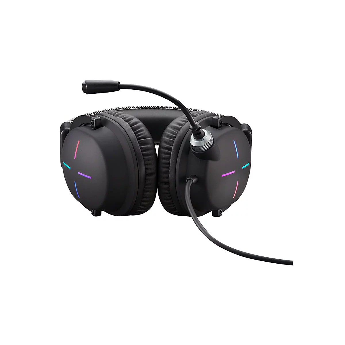 Schwarzes Gaming-Headset mit gepolsterten Ohrmuscheln, RGB-Lichtstreifen und abnehmbarem Mikrofonarm.