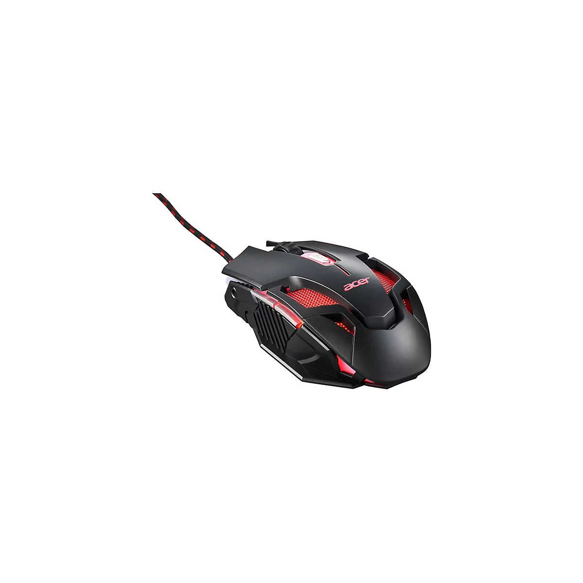 Schwarze Gaming-Maus von Acer mit roter LED-Beleuchtung und Kabel, auf weißem Hintergrund.