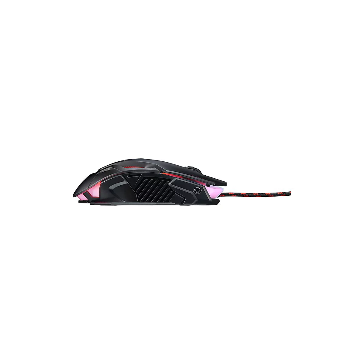 Schwarze Gaming-Maus in Seitenansicht mit roter LED-Beleuchtung und geflochtenem Kabel.