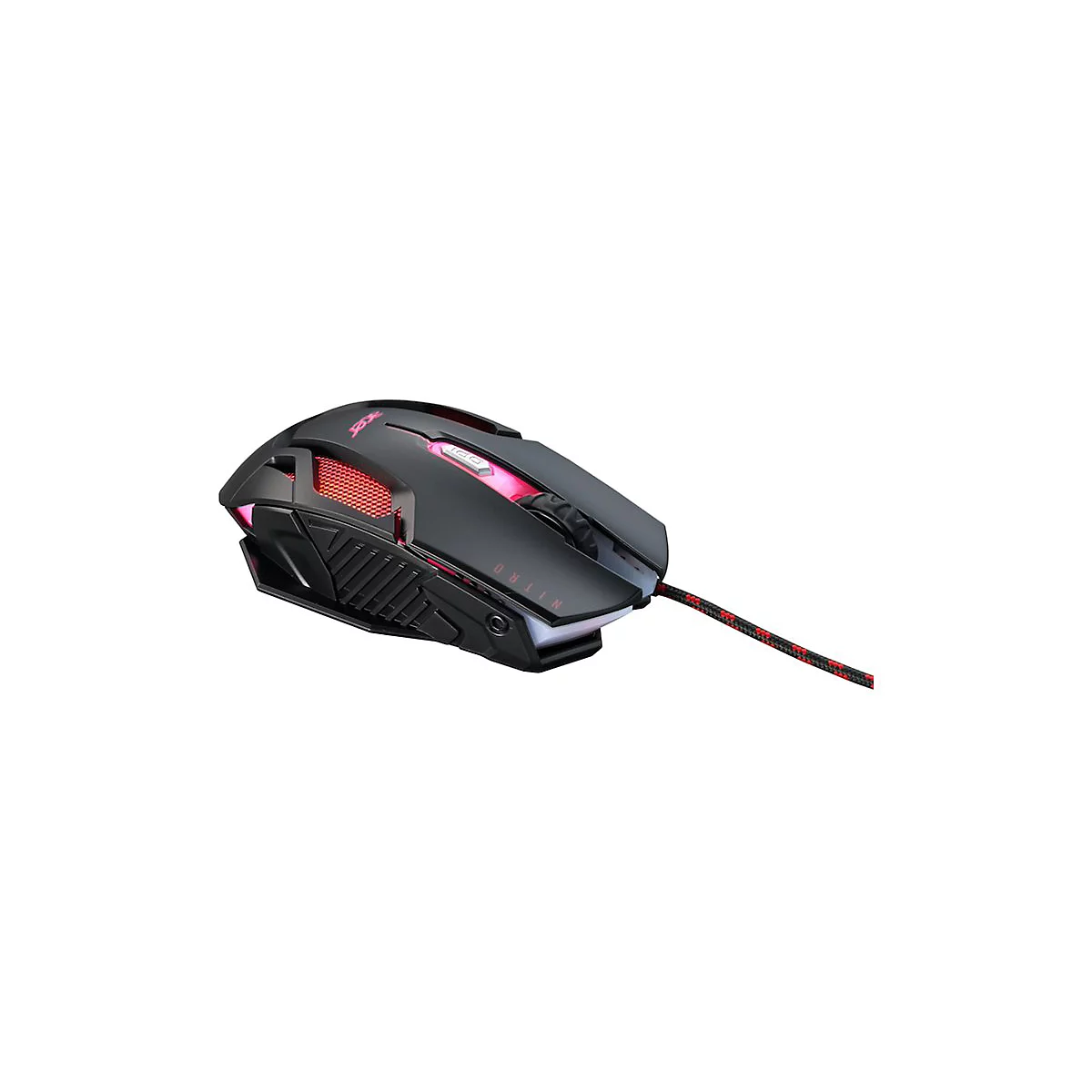 Schwarze Gaming-Maus mit roter LED-Beleuchtung, strukturiertem Gehäuse und stoffummanteltem Kabel auf weißem Hintergrund.