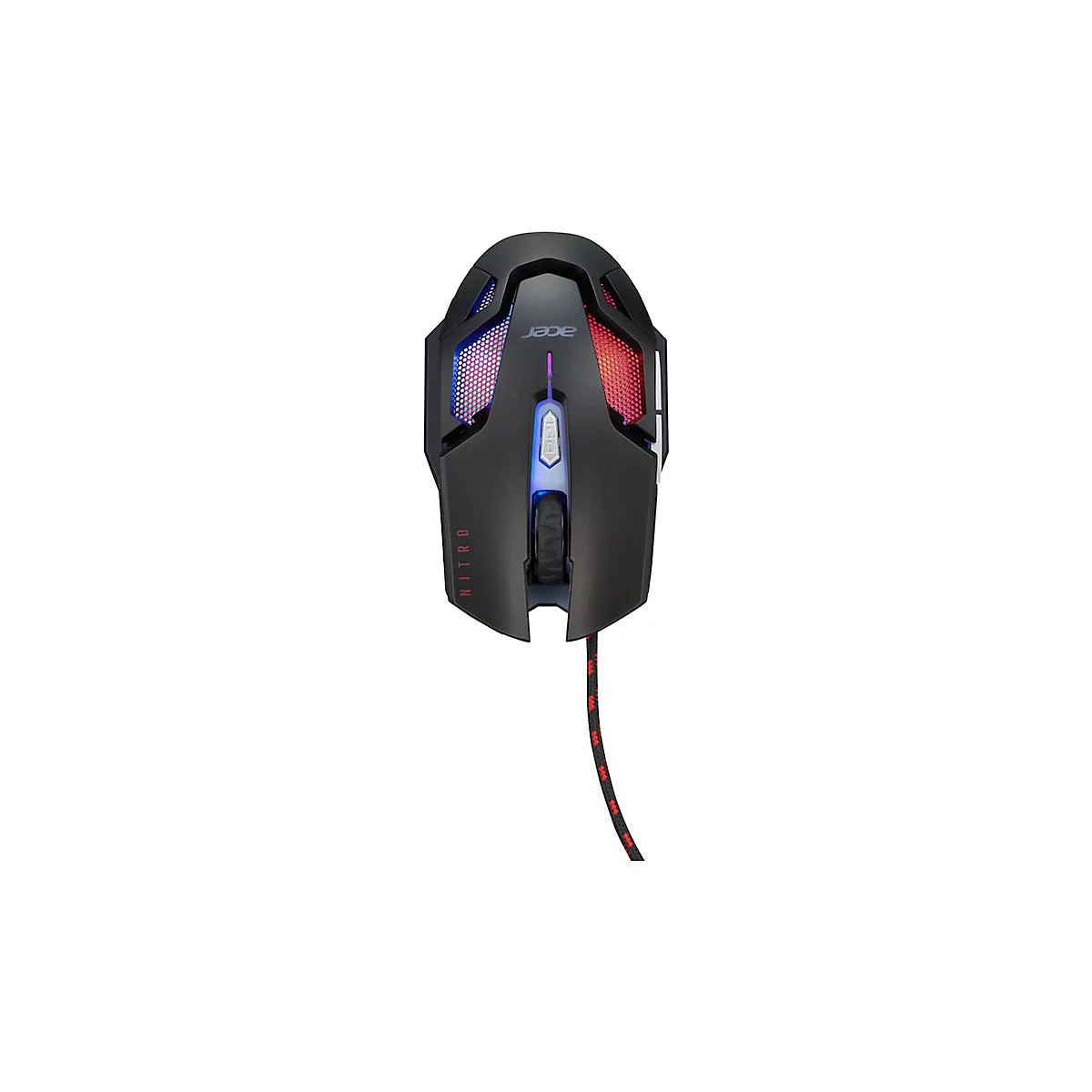 Schwarze Acer Nitro Gaming-Maus mit RGB-Beleuchtung und Textilkabel vor weißem Hintergrund.