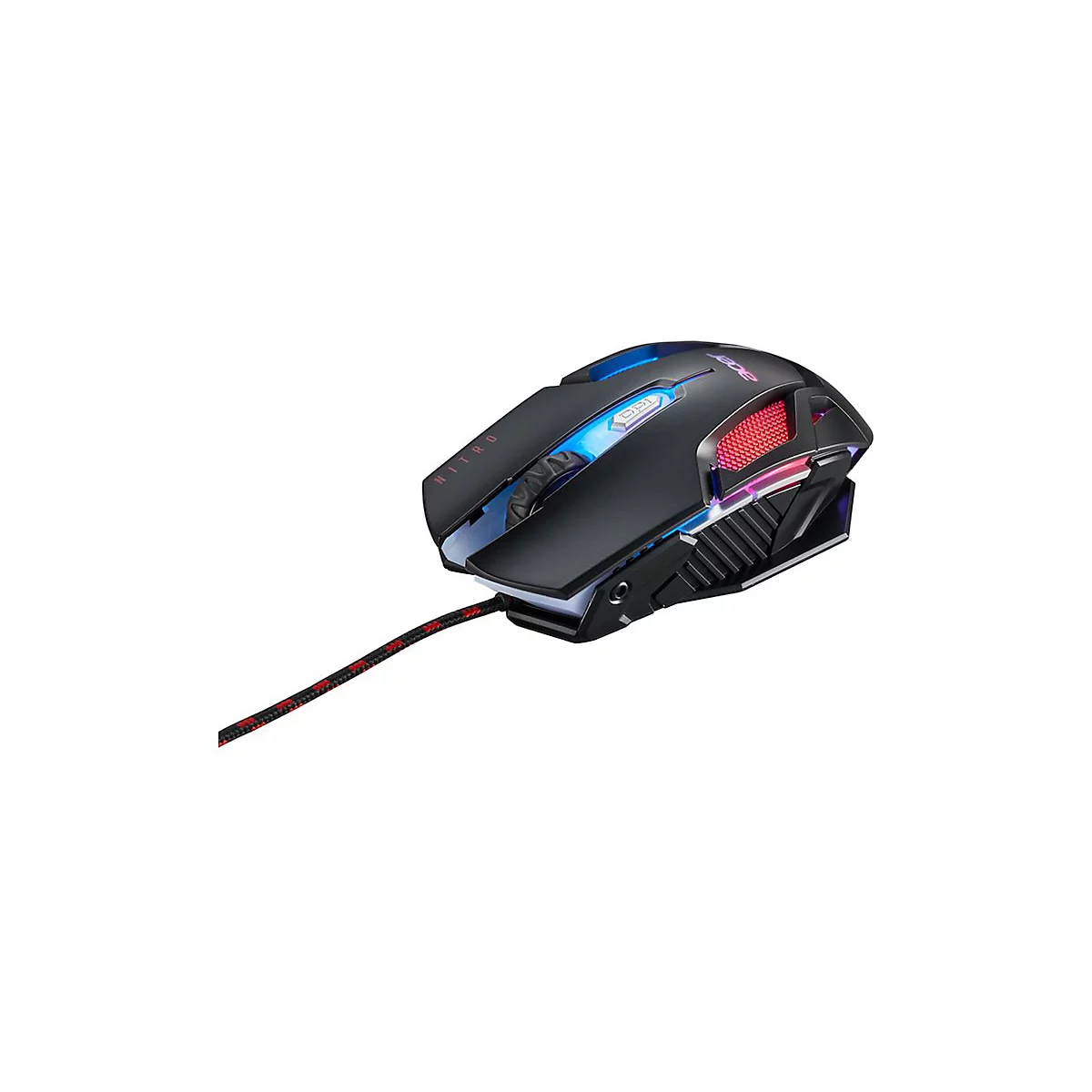 Schwarze Acer Nitro Gaming-Maus mit RGB-Beleuchtung und Textilkabel vor weißem Hintergrund.