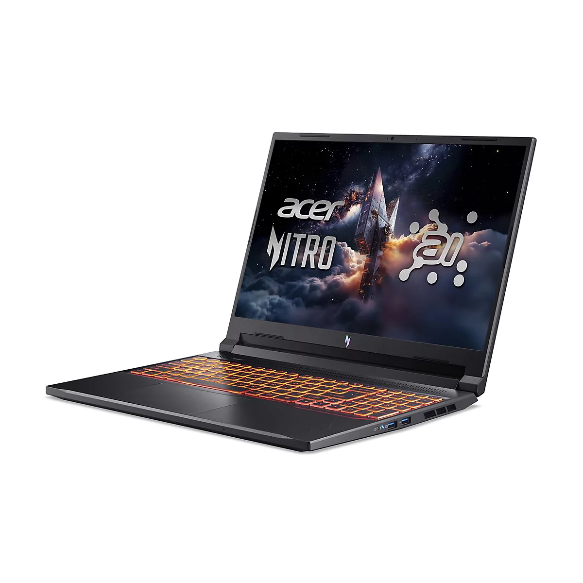 Schwarzes Acer Nitro Laptop, Display mit Weltraum-Hintergrund, beleuchtete Tastatur.