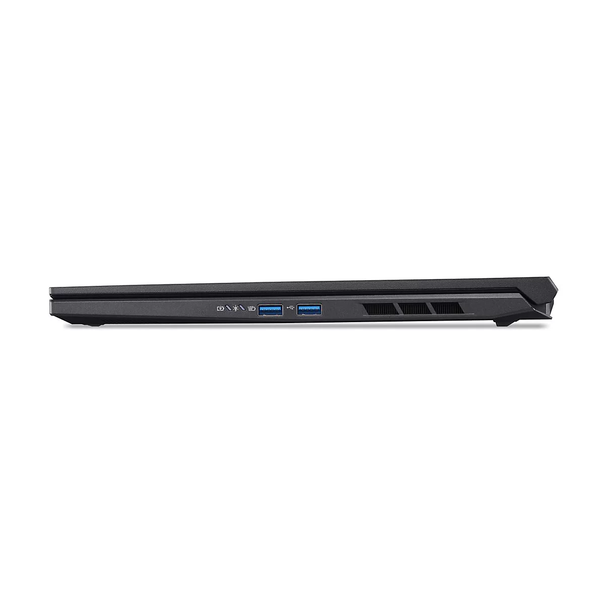 Schwarzes Laptop-Gehäuse von der Seite. Stecker-Ports und Lüftungsschlitze sind zu sehen.