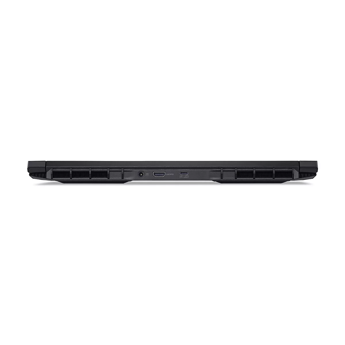 Schwarzer Laptop-Boden, Seitenansicht. Lüftungsschlitze, HDMI-Anschluss, USB-C-Anschluss.