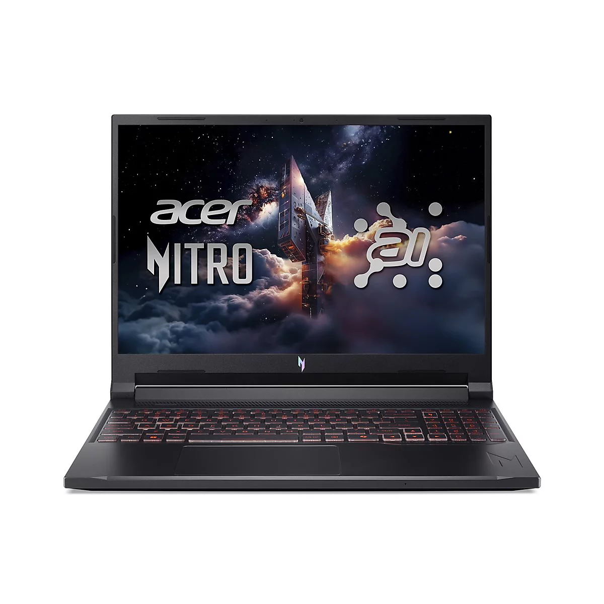 Schwarzes Acer Nitro Laptop, auf dem Bildschirm das Logo und ein Weltraum-Hintergrund. Die Tastatur leuchtet rot.
