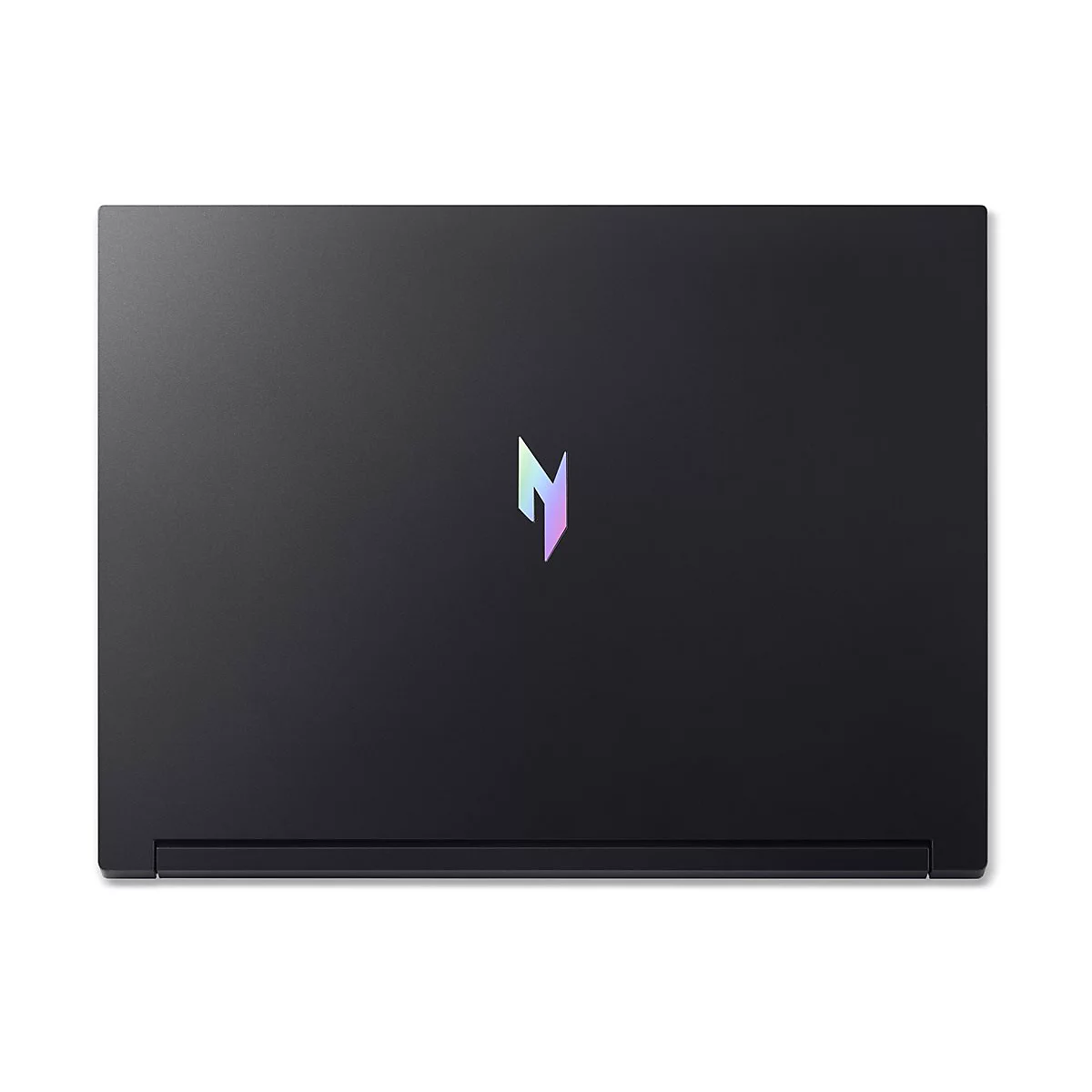 Dunkelschwarzer Laptop-Deckel. Oben rechts ein Logo in Rosa, Lila und Blau.