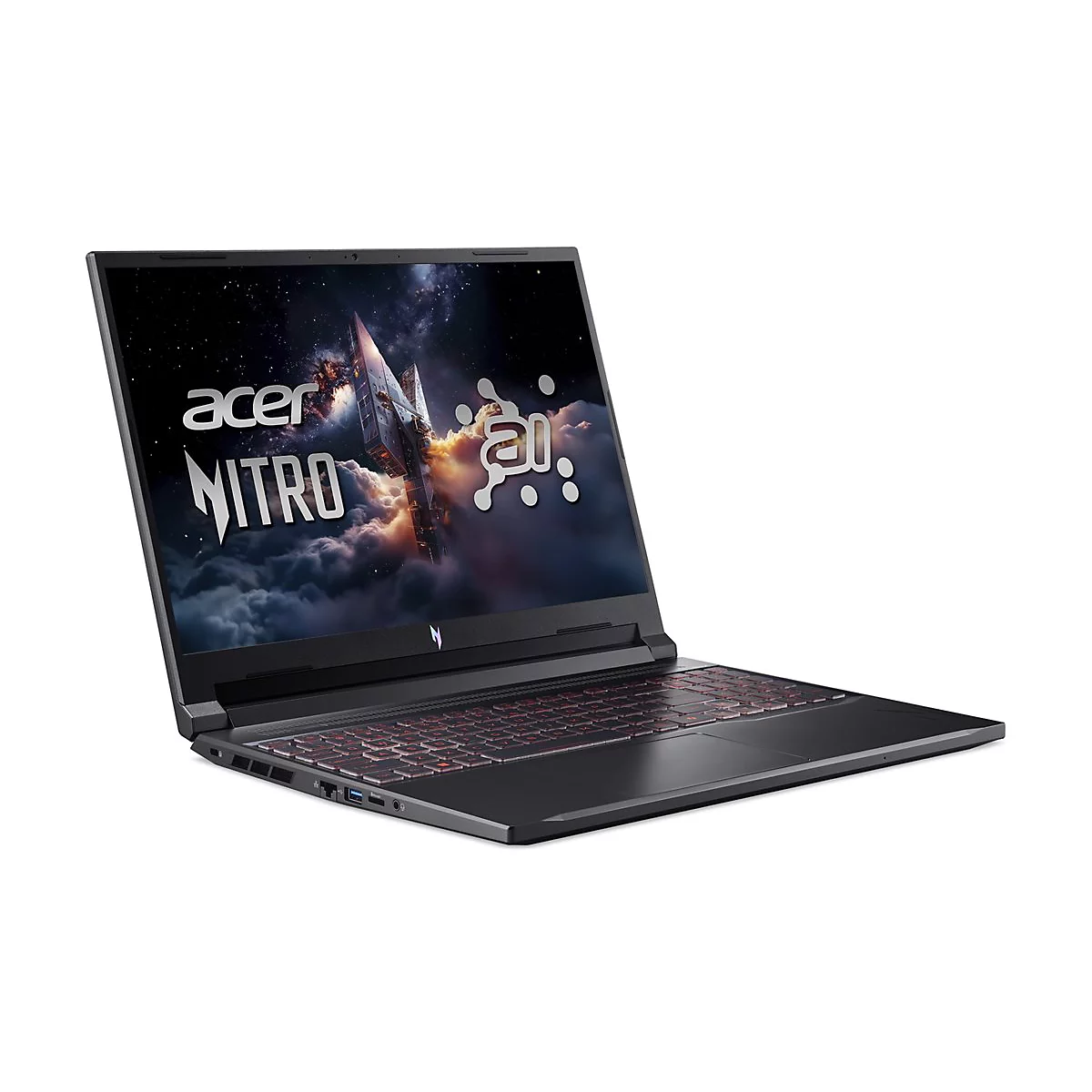 Schwarzer Laptop Acer Nitro mit leuchtender Tastatur. Auf dem Bildschirm ist ein Weltraum-Motiv mit einem Raumschiff zu sehen.