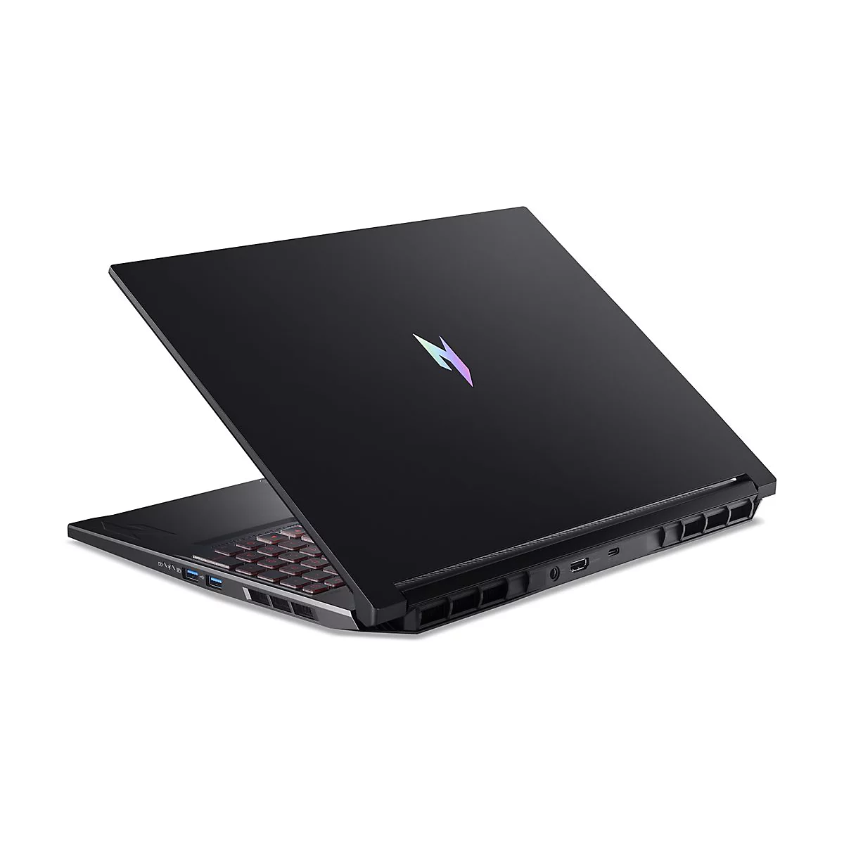 Schwarzer Laptop von oben schräg, geöffnet. Auf dem Deckel ein mehrfarbiges Logo. Roter Tastaturhintergrund.