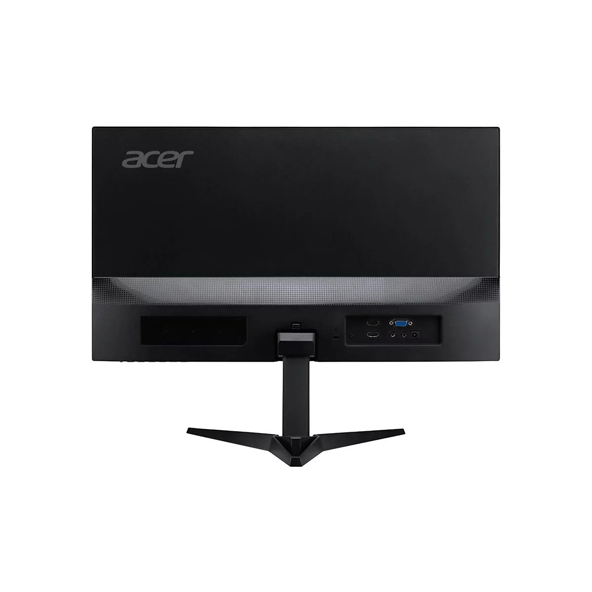 Rückseite eines schwarzen Acer-Monitors mit Standfuß und sichtbaren Anschlüssen.
