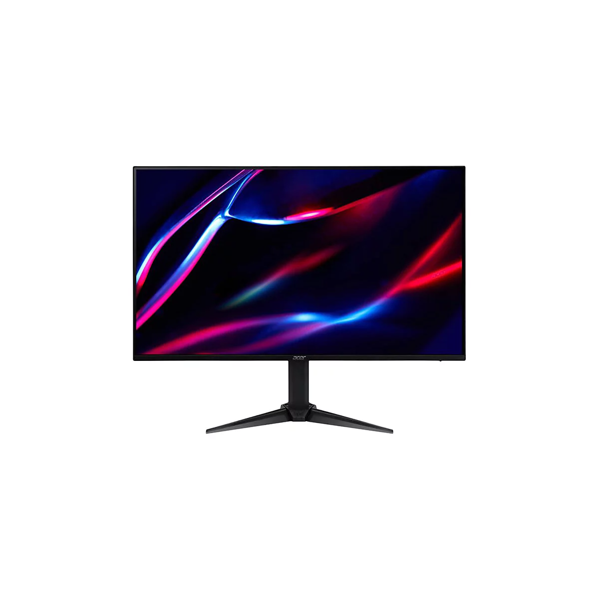 Schwarzer Acer Gaming-Monitor mit schmalem Rahmen und dreibeinigem Standfuß, zeigt abstrakte leuchtende Linien.
