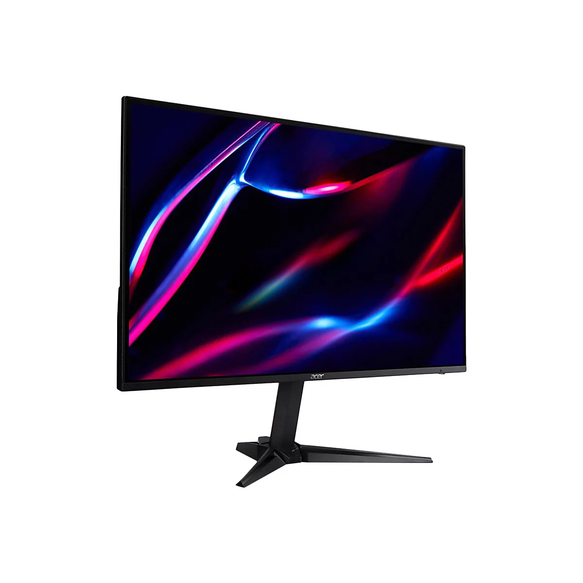 Acer Gaming-Monitor mit schwarzem Standfuß und abstraktem, farbenfrohem Lichtmuster auf dem Display.