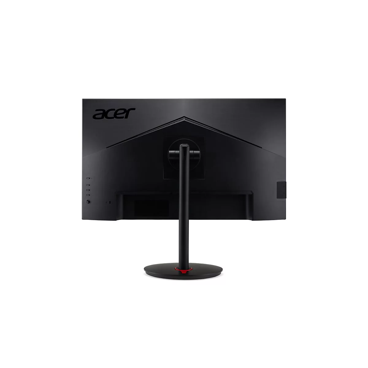 Rückseite eines schwarzen Acer-Monitors auf einem Standfuß mit rundem Sockel vor weißem Hintergrund.