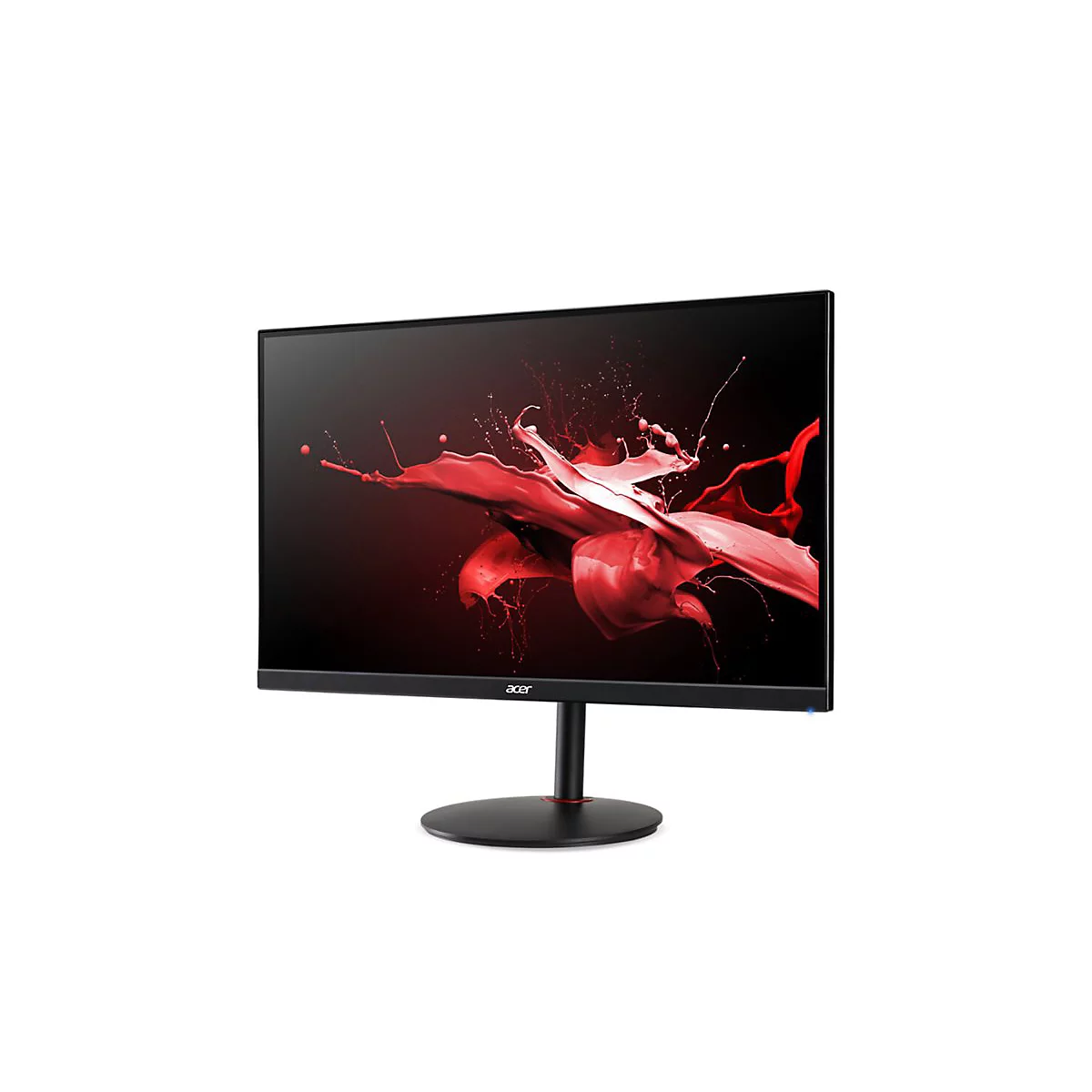 Schwarzer Acer-Monitor vor weißem Hintergrund mit roter Farbexplosion auf dem Display.