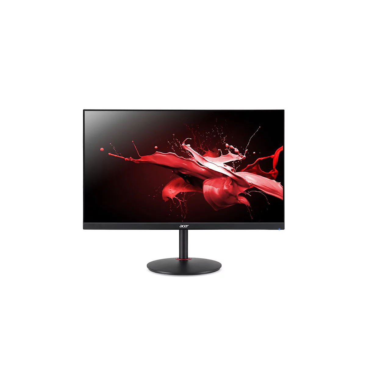 Schwarzer Acer-Monitor auf rundem Standfuß mit rotem Farbspritzer-Hintergrundbild.