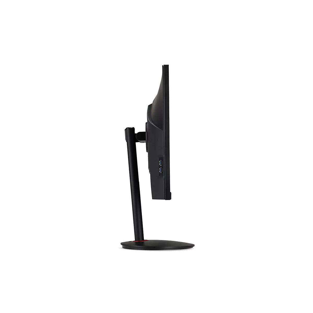 Seitliche Ansicht eines schwarzen Computer-Monitors mit schlankem Standfuß auf weißem Hintergrund.