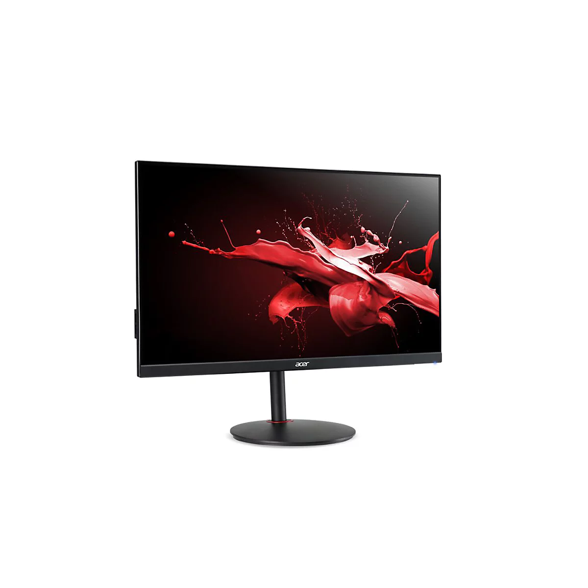 Schwarzer Acer Gaming-Monitor mit schmalem Rahmen auf rundem Standfuß vor weißem Hintergrund.