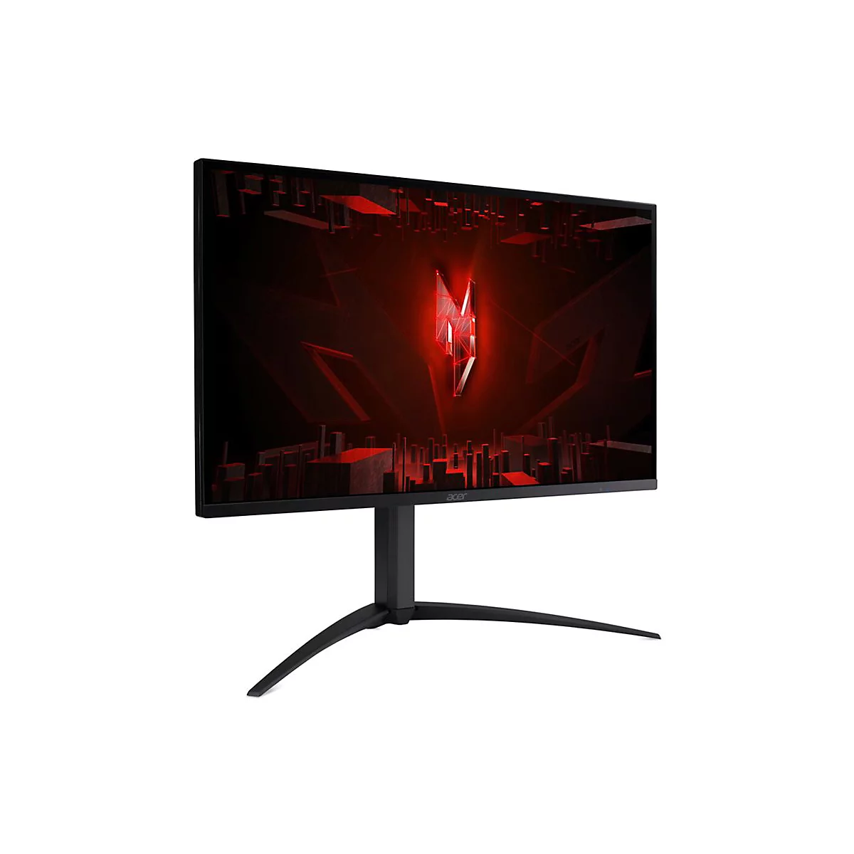 Schwarzer Acer Gaming-Monitor mit dreibeinigem Standfuß zeigt ein abstraktes, leuchtend rotes Predator-Logo auf dem Display.