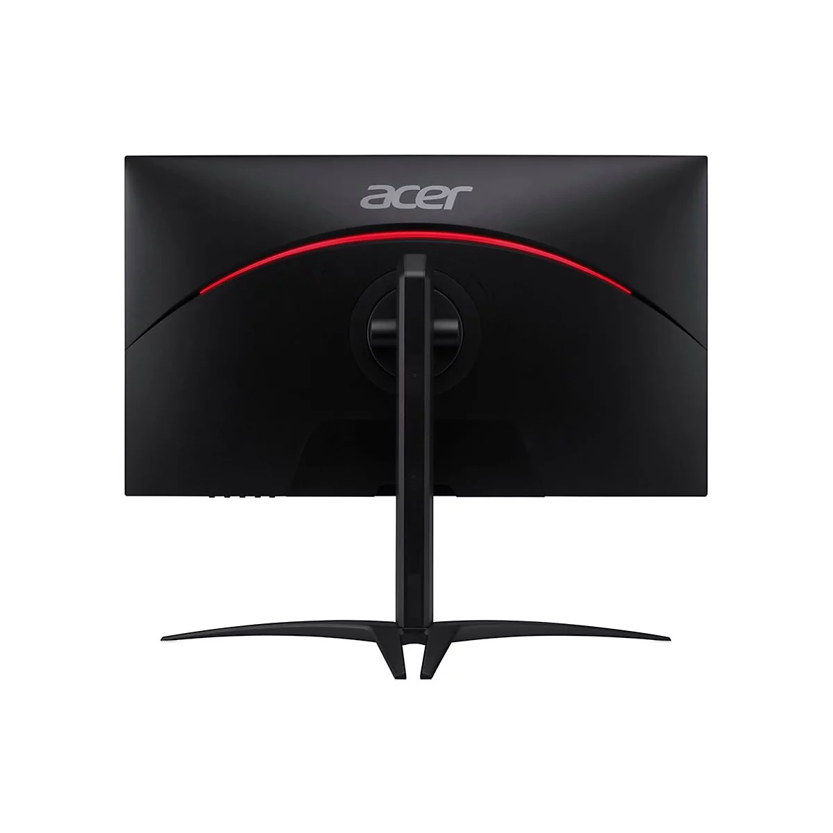 Rückseite eines schwarzen Acer Gaming-Monitors mit einem dünnen, leuchtend roten Lichtstreifen und einem schlanken Standfuß.