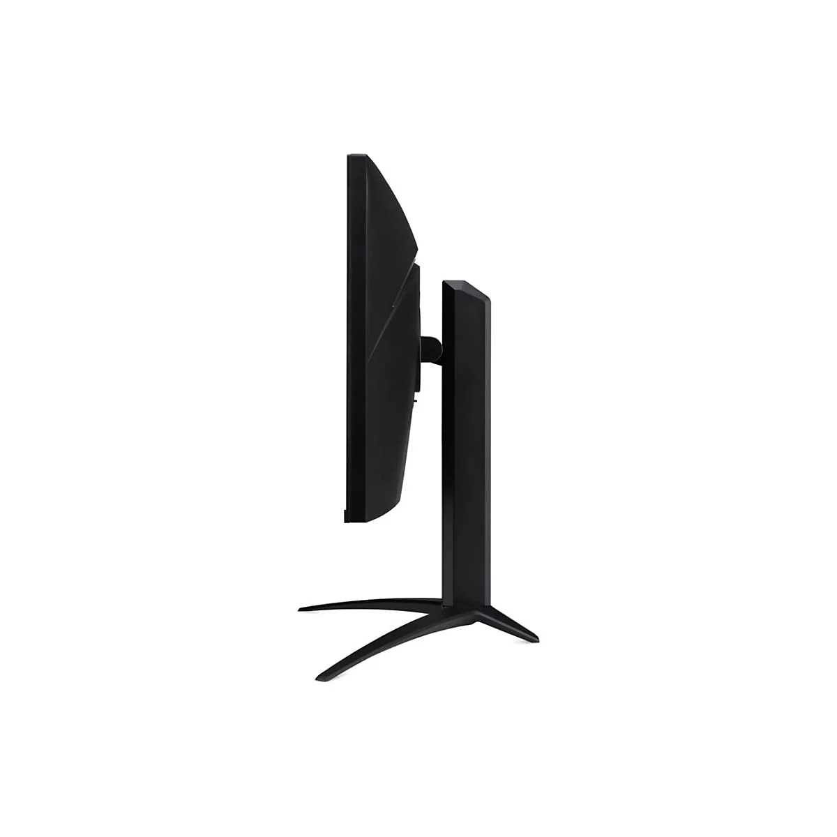 Seitliche Ansicht eines schwarzen Gaming-Monitors mit geschwungenem Bildschirm auf einem Standfuß.