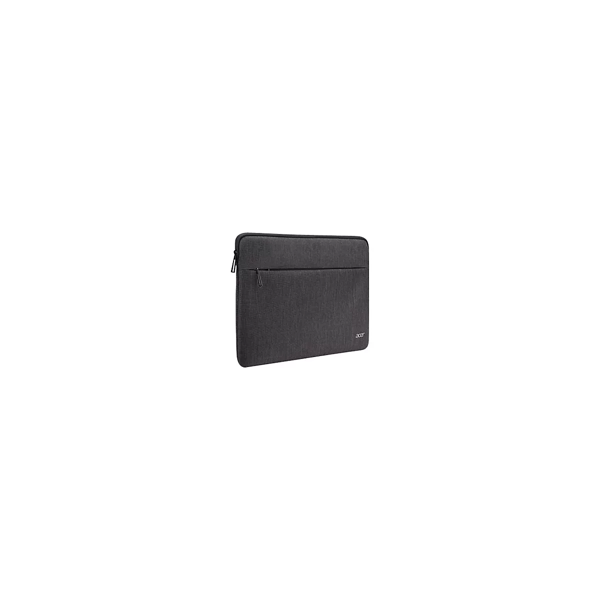 Dunkelgraue Laptoptasche aus Stoff mit Reißverschluss und kleinem Acer-Logo in der Ecke.