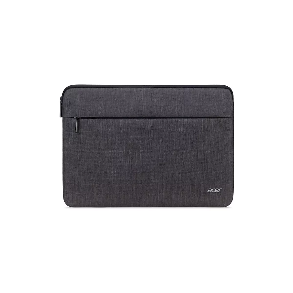 Dunkelgraue Acer Laptop-Hülle aus Stoff mit Reißverschlussfach vorne auf weißem Hintergrund.