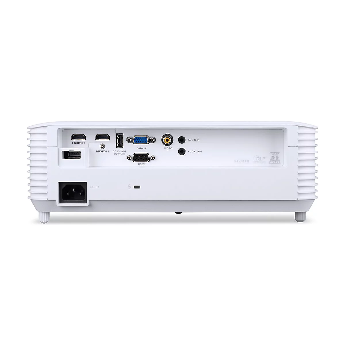 Rückseite eines weißen Videoprojektors mit diversen Anschlüssen wie HDMI, VGA, Audio und Stromanschluss.