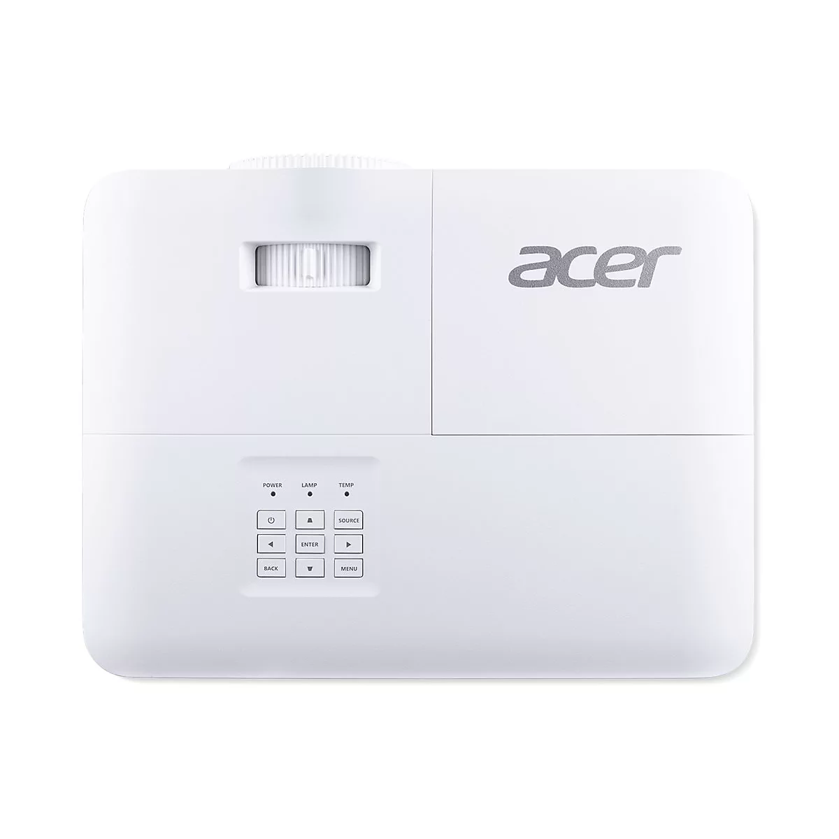 Draufsicht eines weißen Acer Projektors mit Bedienelementen und Fokusrad auf der Oberseite.