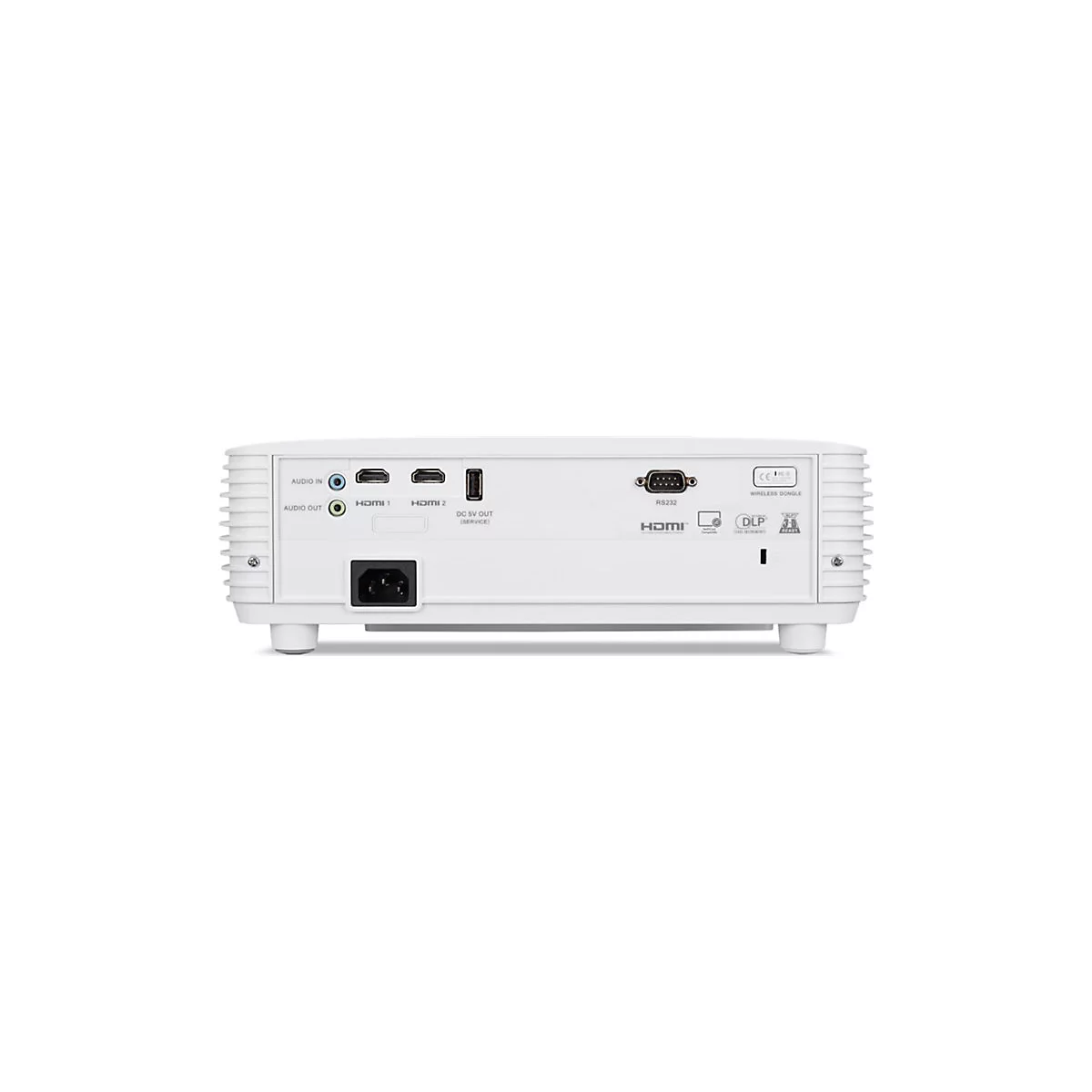 Rückseite eines weißen Projektors mit verschiedenen Anschlüssen wie HDMI, USB und Audio. Beschriftungen sind deutlich erkennbar.