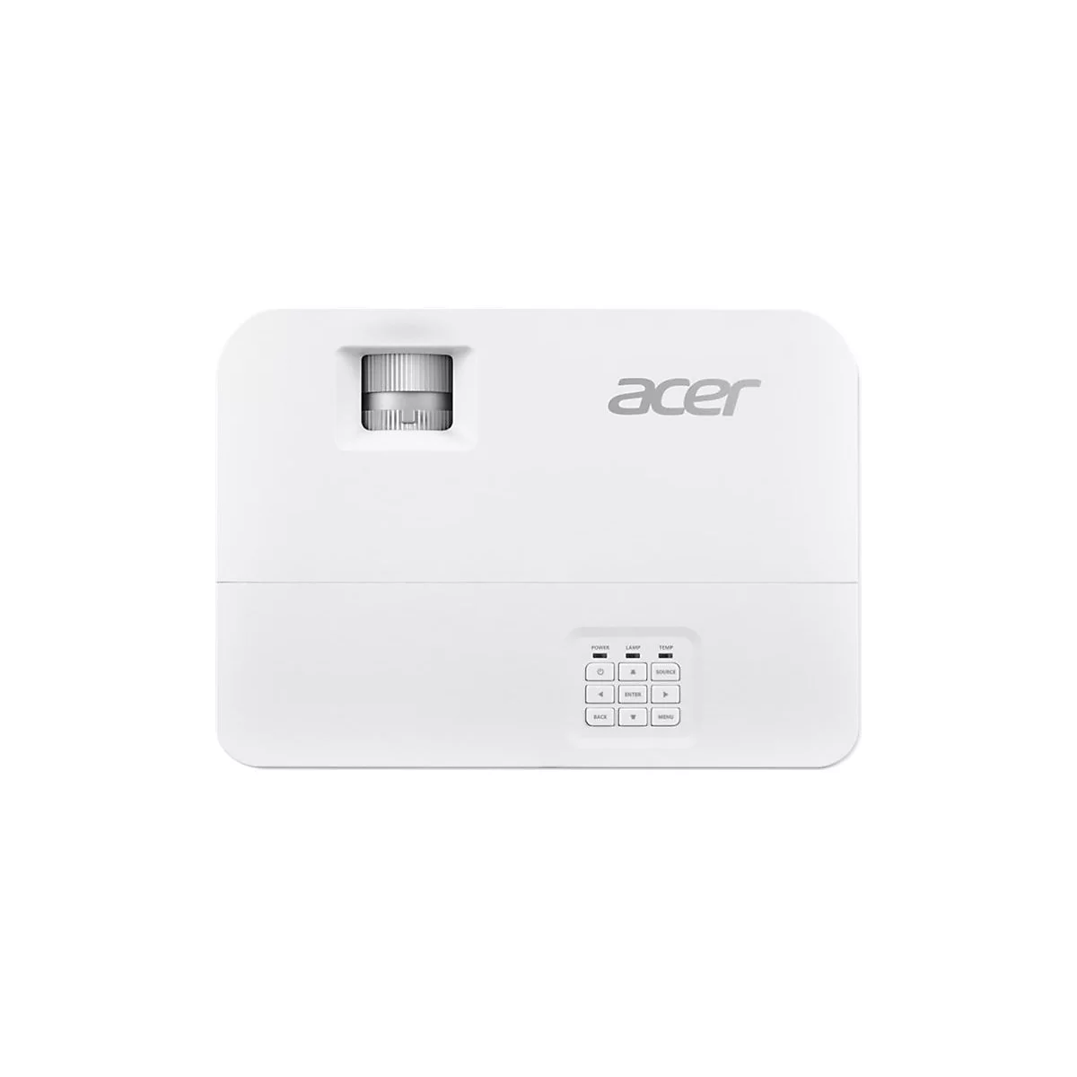 Draufsicht eines weißen Acer-Projektors mit Linse oben links und Bedienfeld auf der rechten Seite.
