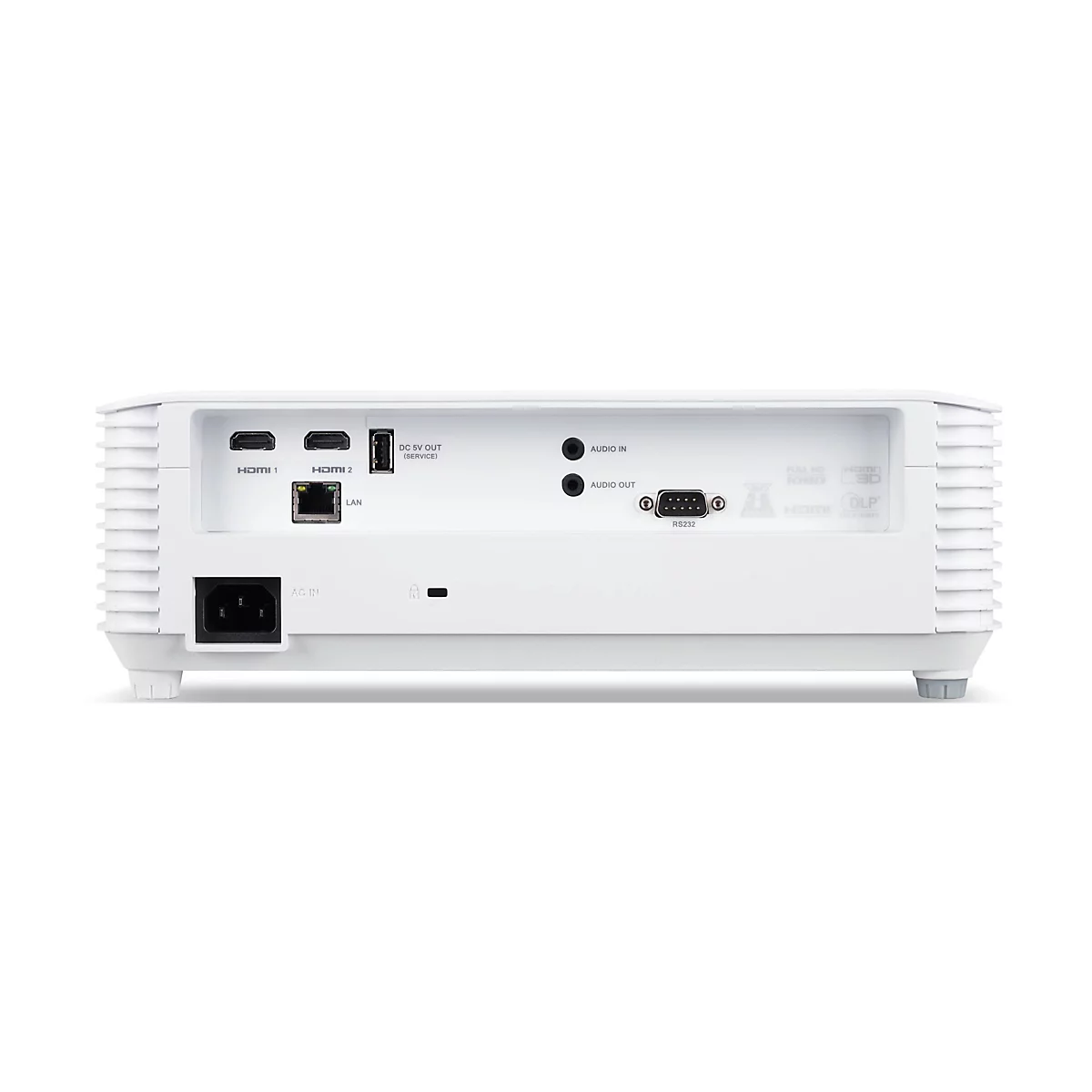 Rückseite eines weißen Projektors mit verschiedenen Anschlüssen wie HDMI, LAN, Audio und Stromanschluss.