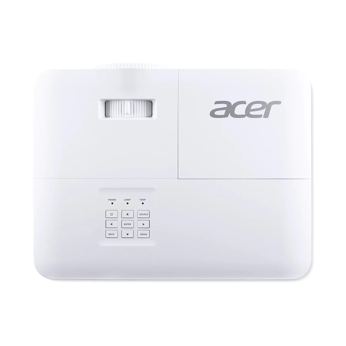 Draufsicht auf einen weißen Acer-Projektor mit Bedienfeld und Fokus-Einstellrad.